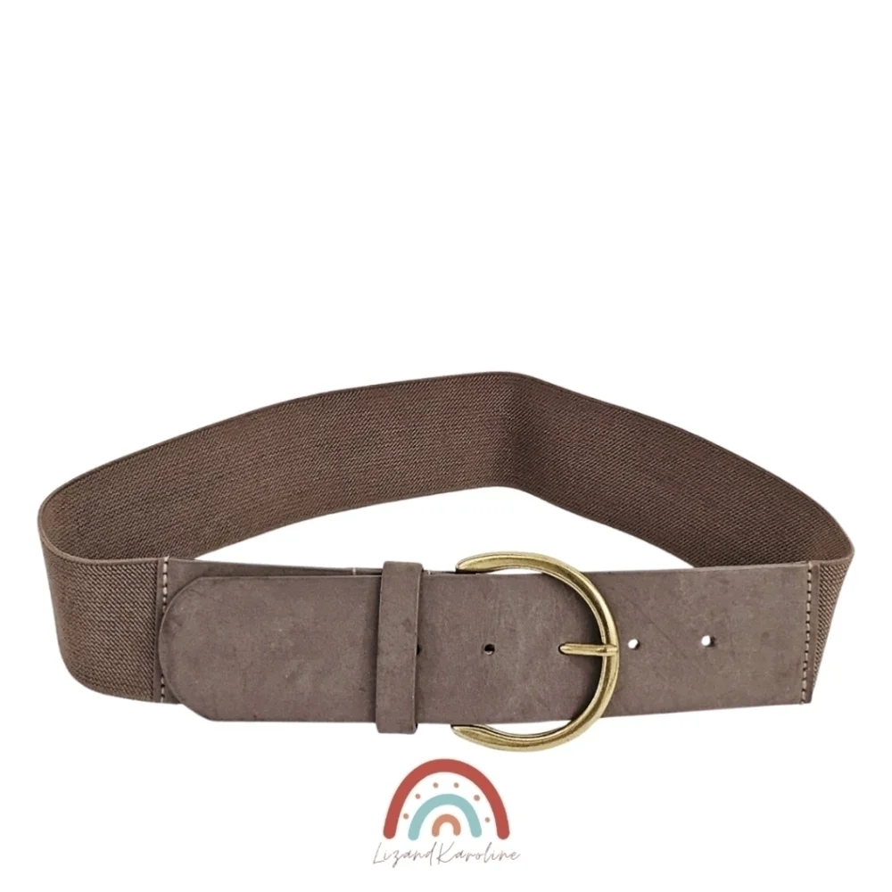 New! Faux Leather Wide Brass Buckle Stretchy Dark Taupe Belt S/M